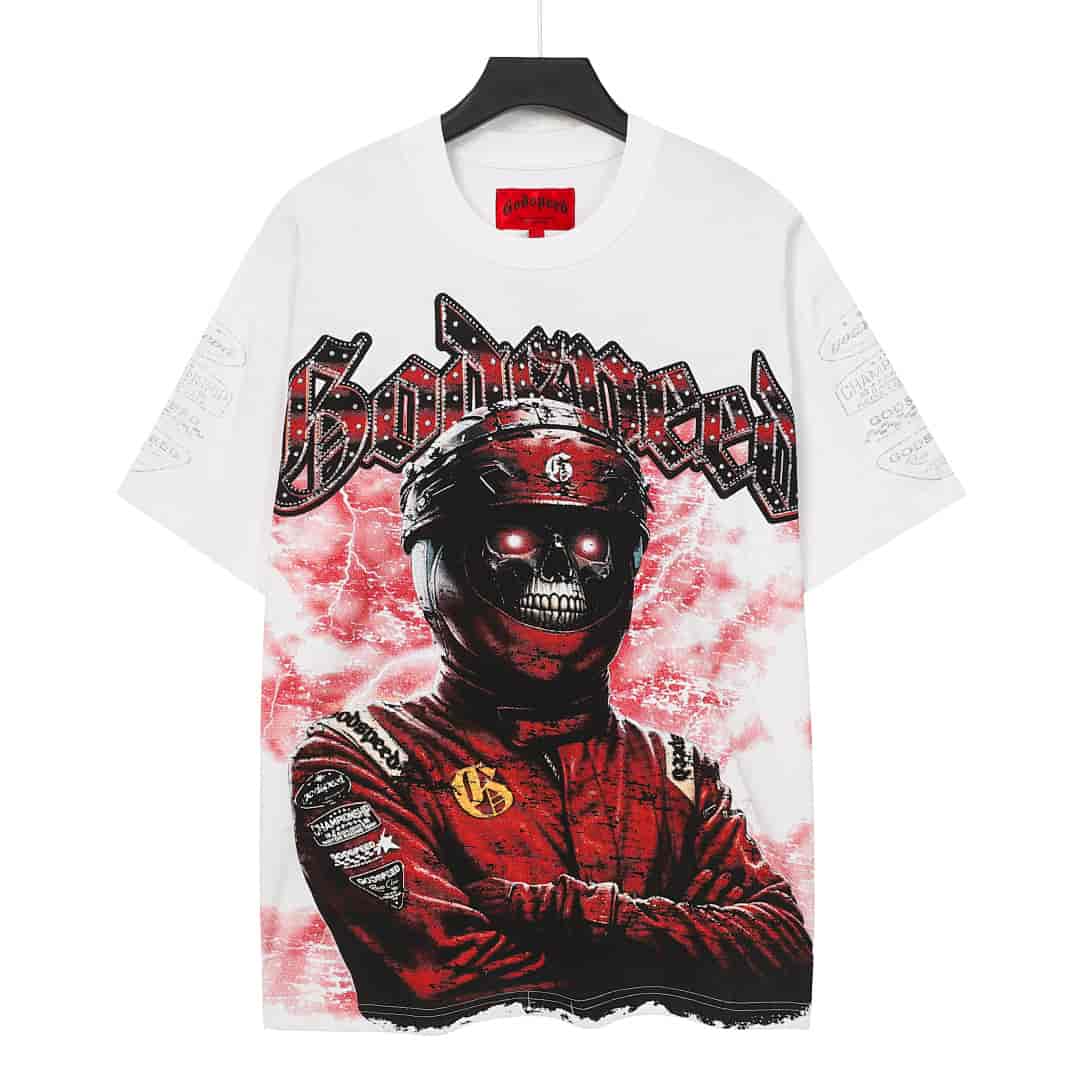 White Godspeed  t-shirt with a graphic design of a skeleton in a racing suit and helmet