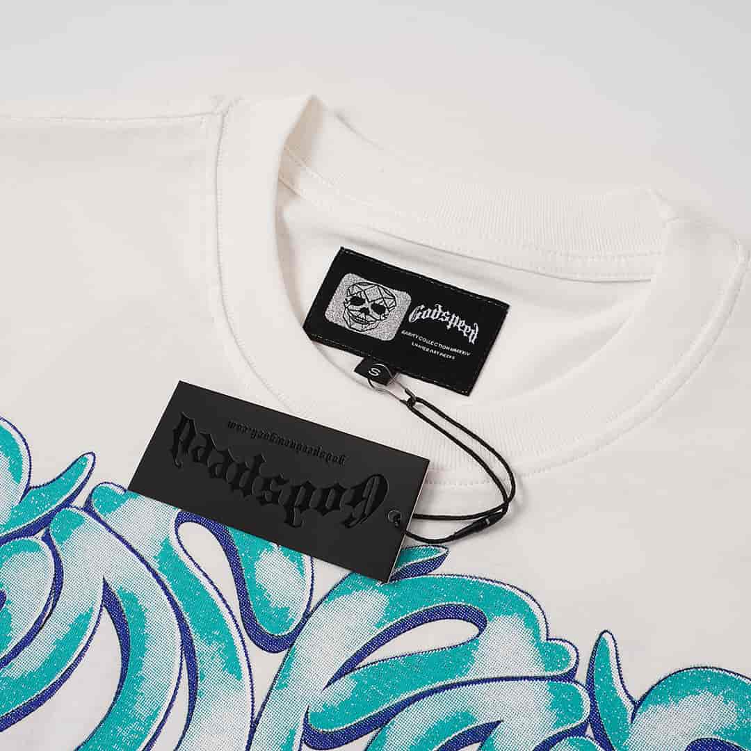 White and blue Godspeed shirt